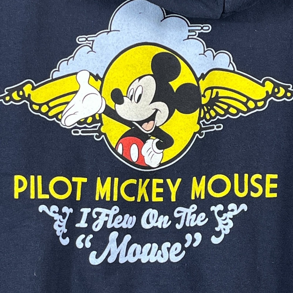 VTG Disney Mens L Pilot Mickey Mouse Hoodie Navy Graphic Pullover Y2K Wings - Picture 4 of 10